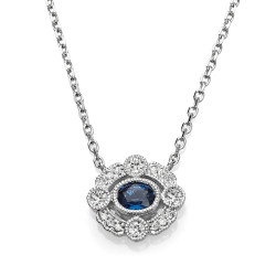 14KW SAPPHIRE & DIAMOND NECKLACE;DIAMOND=1/20 CTTW;BLUE SAPPHIRE=1/5 CTTW