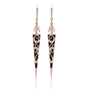 14K ROSE ONYX & DIAMOND EARRINGS;DIAMOND=1/8 CTTW